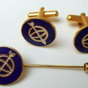 Cufflinks & Stick Pin Set by Insignia Navy Blue Enamel, Gold Plate Globe & Arrow